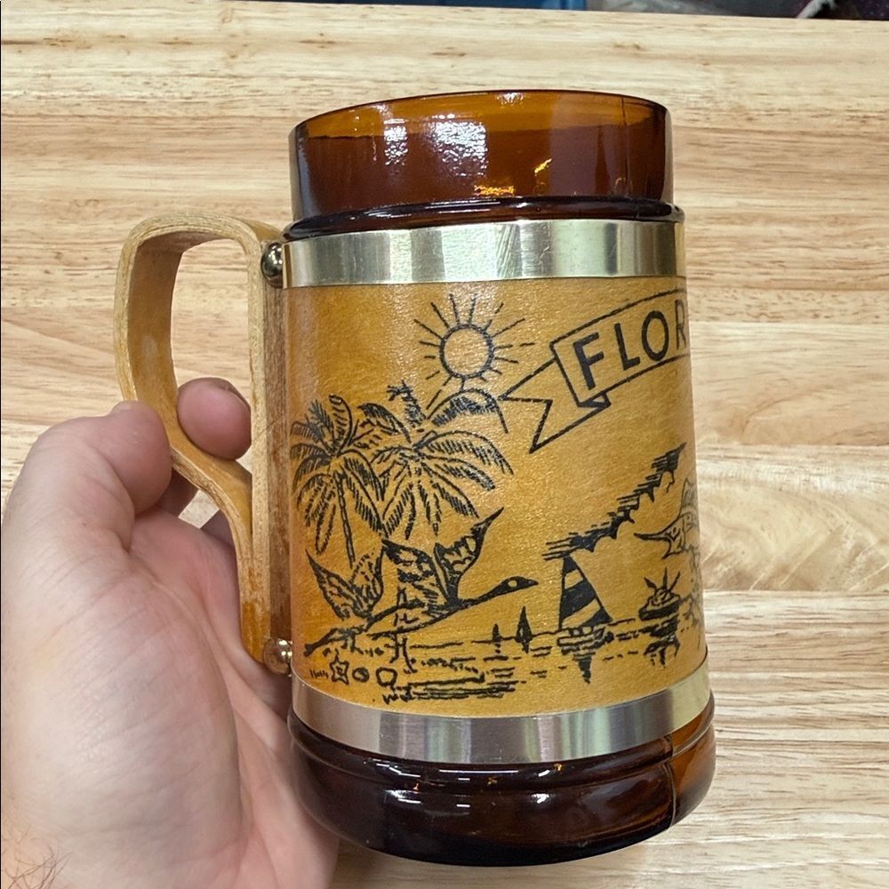 Vintage Amber Glass Mug with Florida Design
